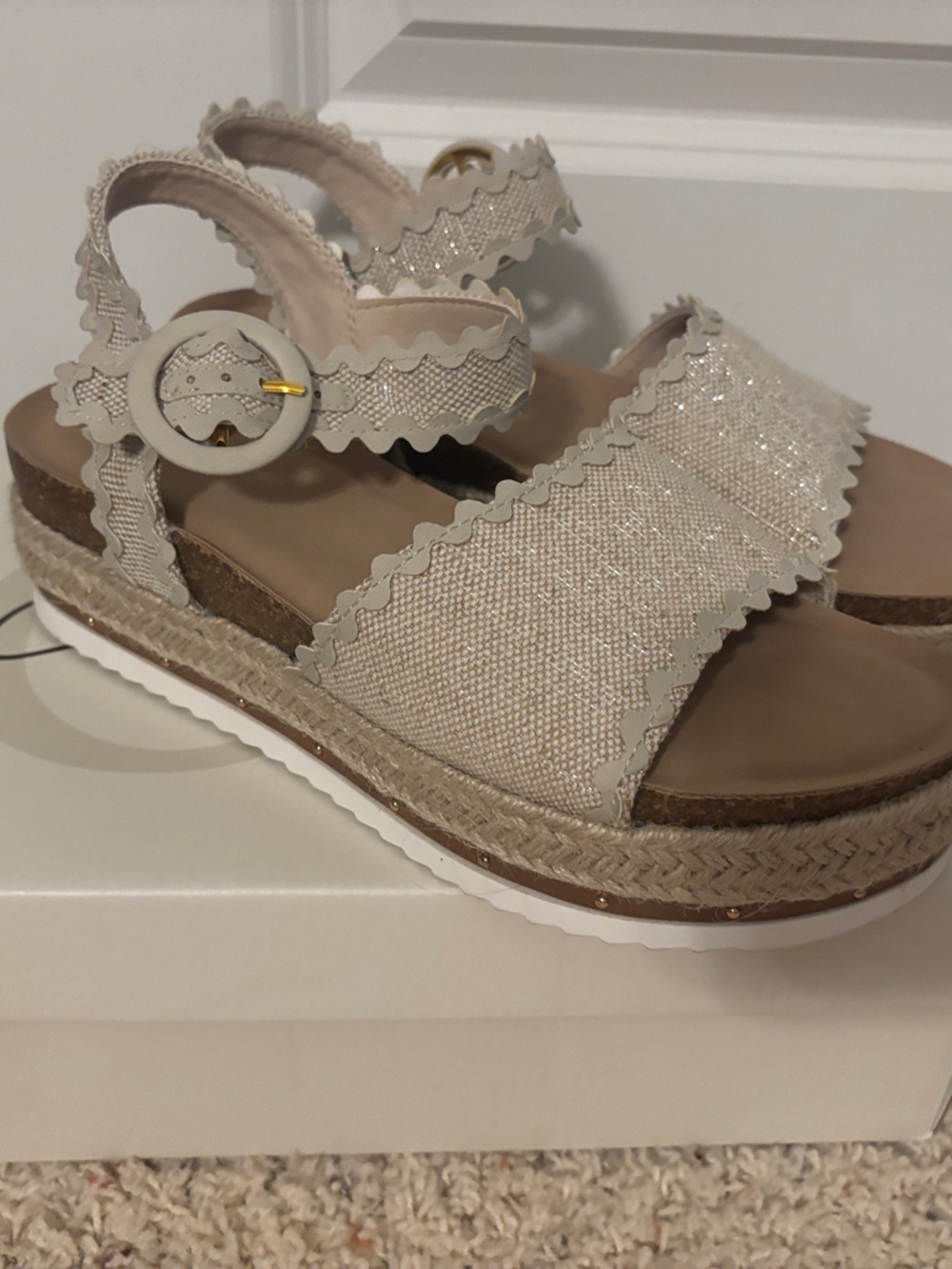 Neutral Beige Espadrille Platform Sandals with Scalloped Straps